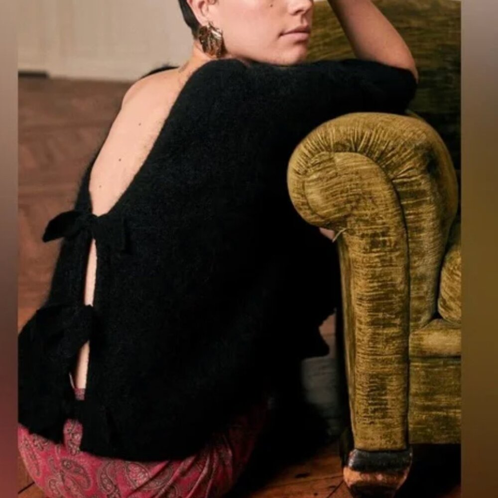 Sezane Aurette Jumper Sweater Black Noir French V Neck Bow Knit